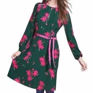 Boden Women US 6 Mara Bramble Belted Floral Hunter Green Pink Long Sleeve Dress
